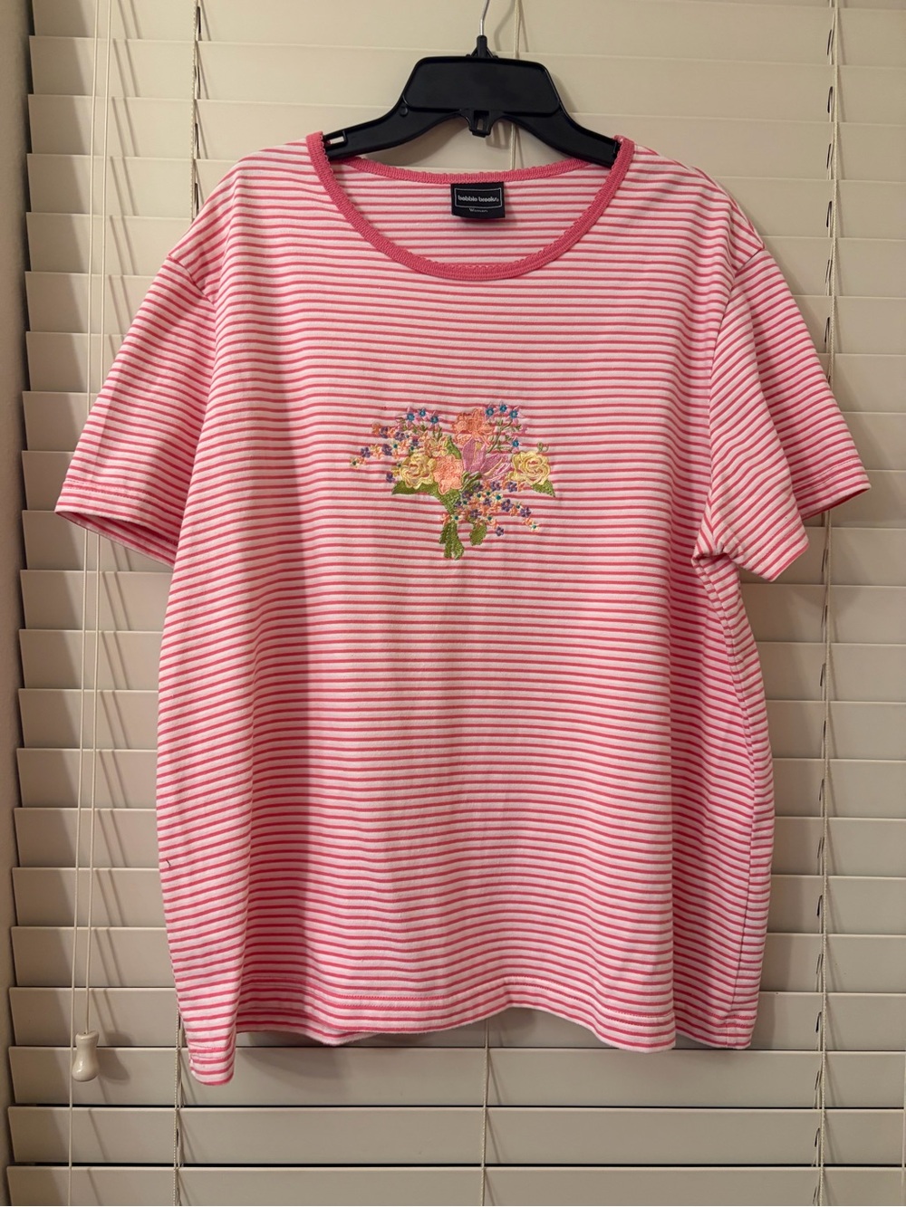 Vintage Bobbie Brooks Pink White Striped Embroidered Floral Blouse Women’s XL